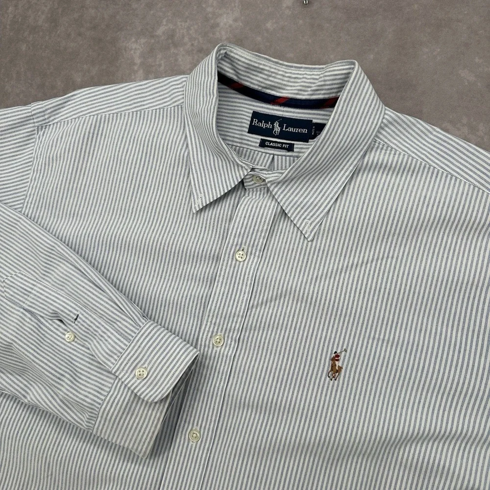 Vintage Ralph Lauren 2XL Classic Fit Blue White Stripe Polo Horse Shirt
